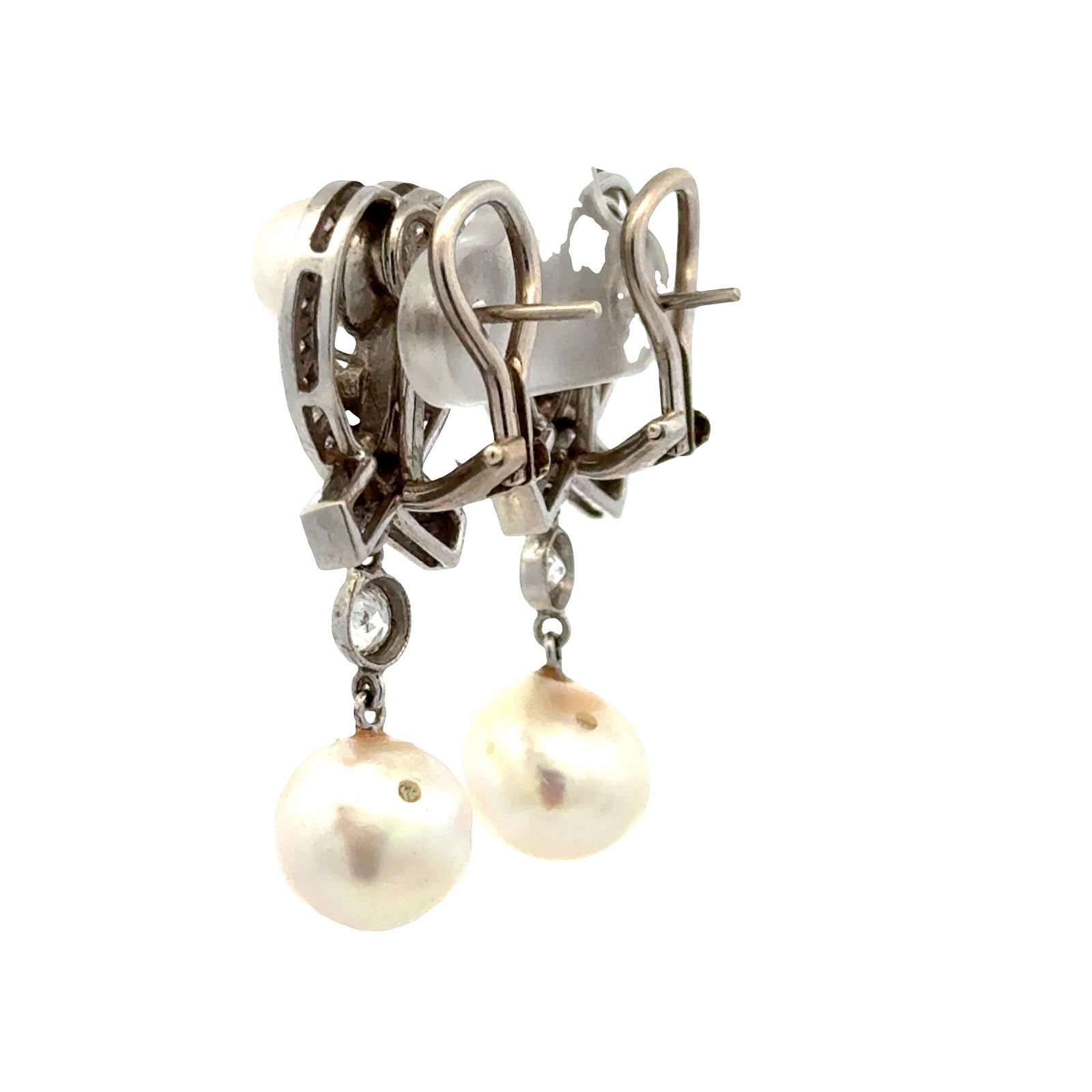 1960's Vintage Diamond & Pearl 14 Karat White Gold Drop Lever-Back Earrings