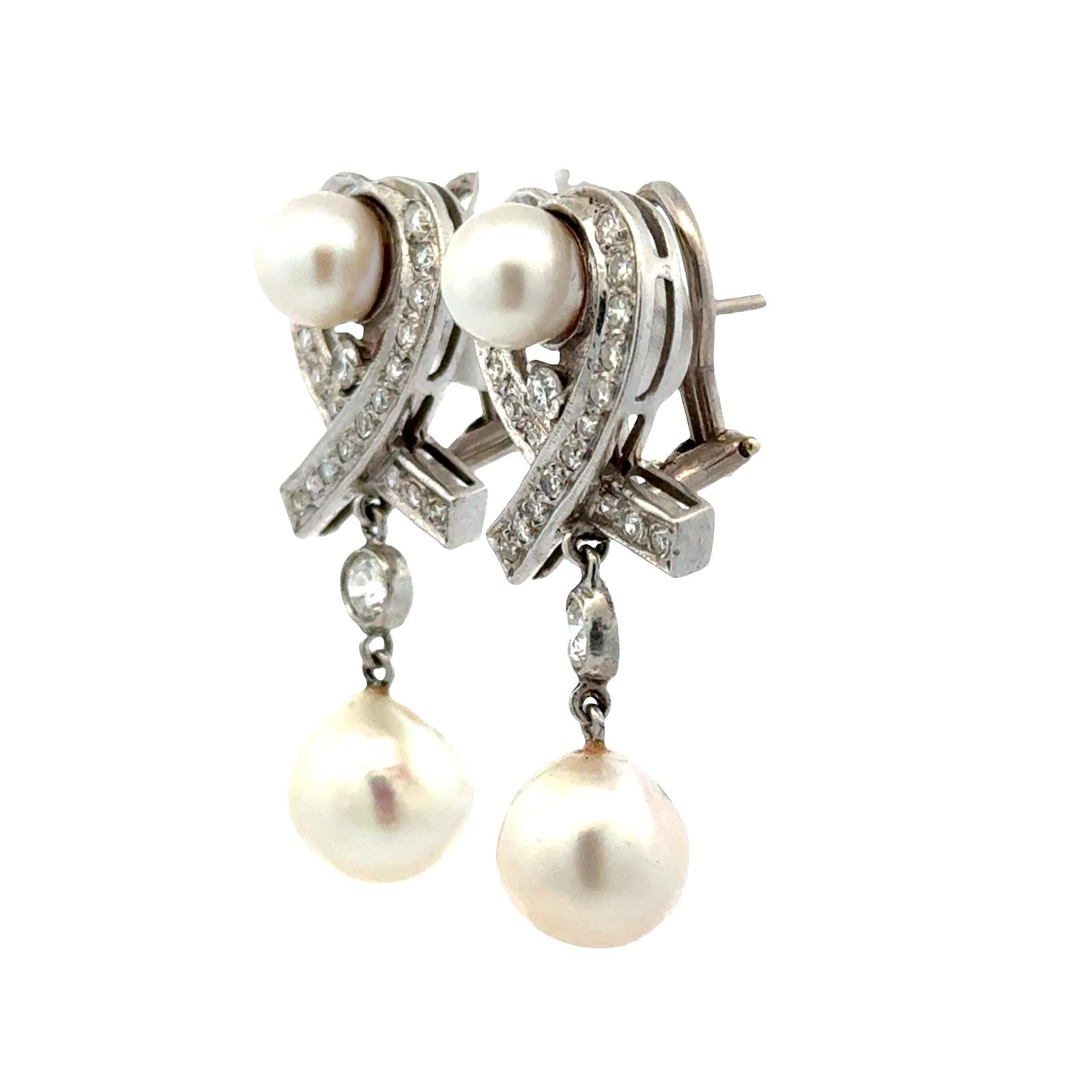 1960's Vintage Diamond & Pearl 14 Karat White Gold Drop Lever-Back Earrings