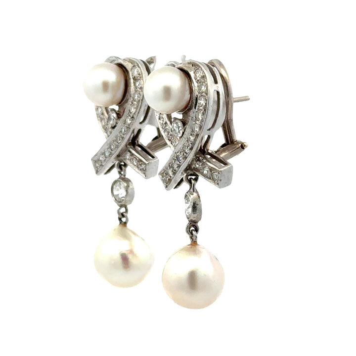1960's Vintage Diamond & Pearl 14 Karat White Gold Drop Lever-Back Earrings