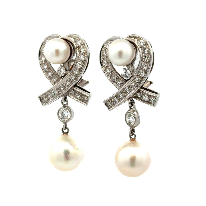 1960's Vintage Diamond & Pearl 14 Karat White Gold Drop Lever-Back Earrings