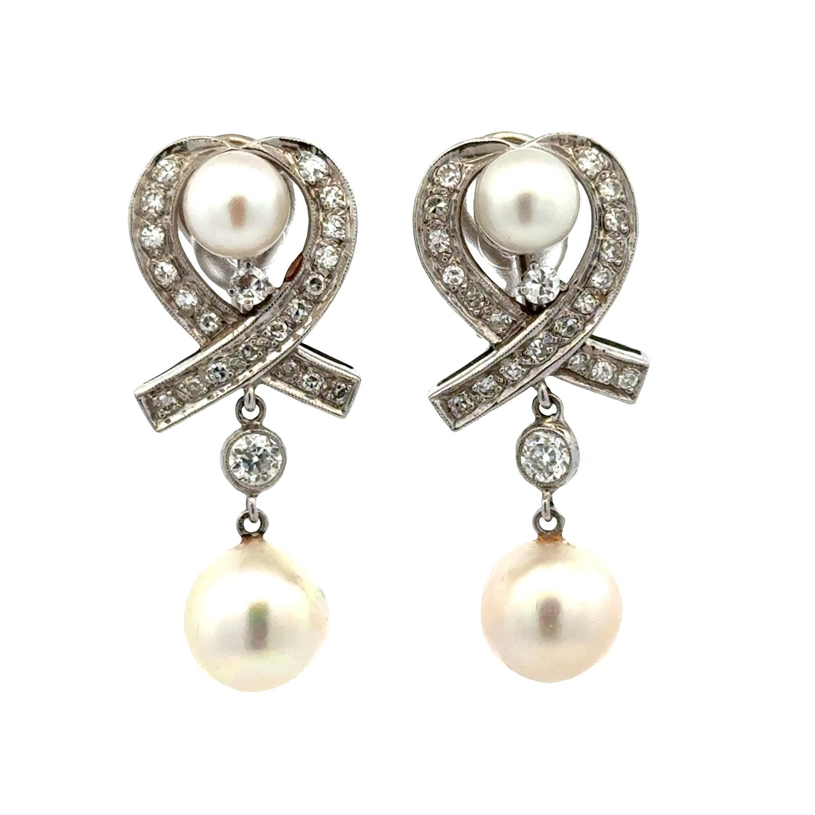 1960's Vintage Diamond & Pearl 14 Karat White Gold Drop Lever-Back Earrings