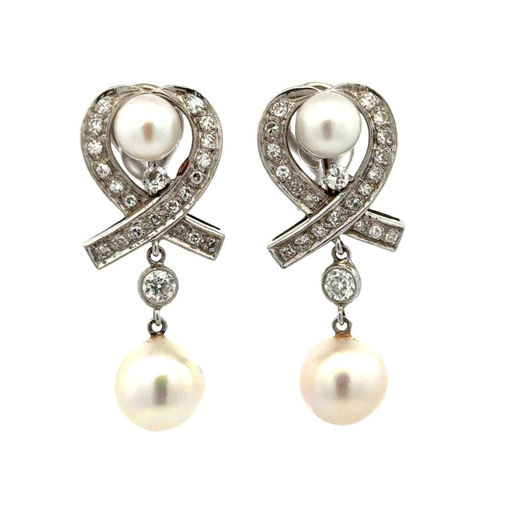 1960's Vintage Diamond & Pearl 14 Karat White Gold Drop Lever-Back Earrings