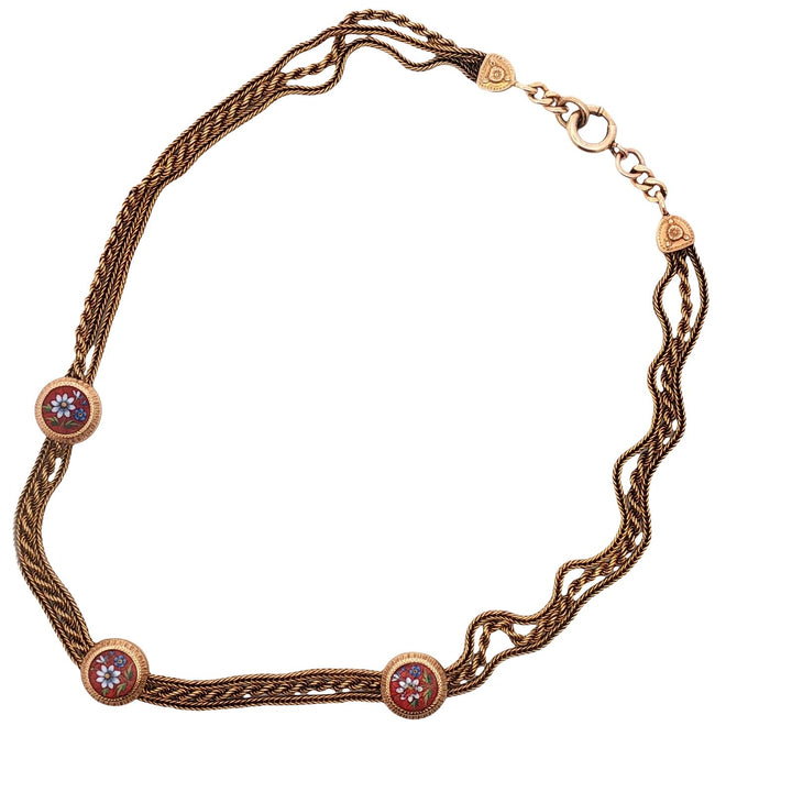 Victorian Enamel Floral Design Gold Choker Tassel Necklace Antique