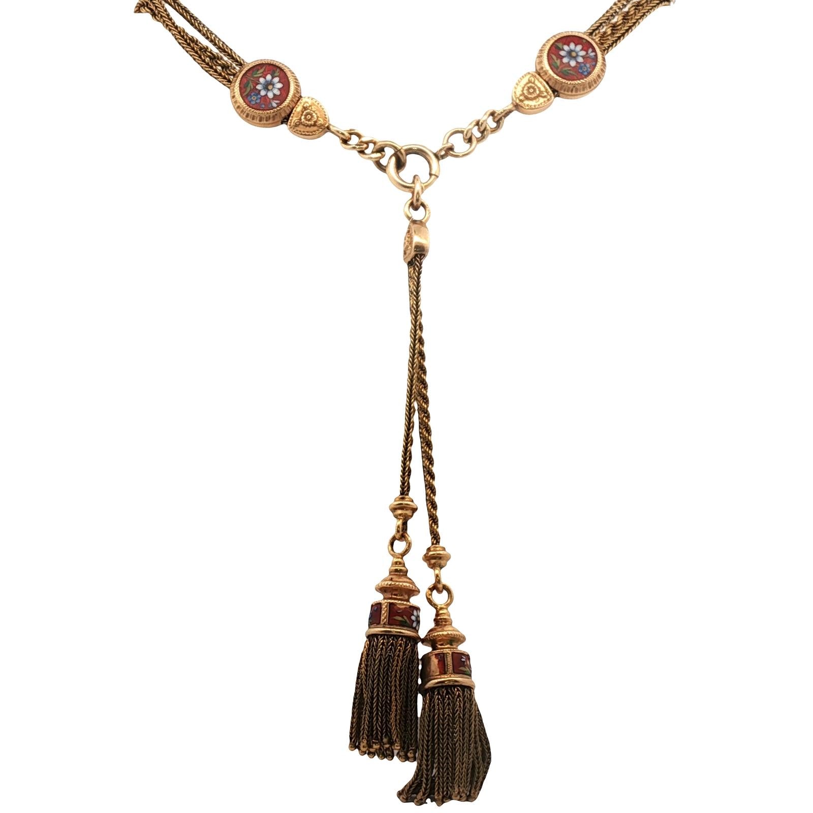 Victorian Enamel Floral Design Gold Choker Tassel Necklace Antique