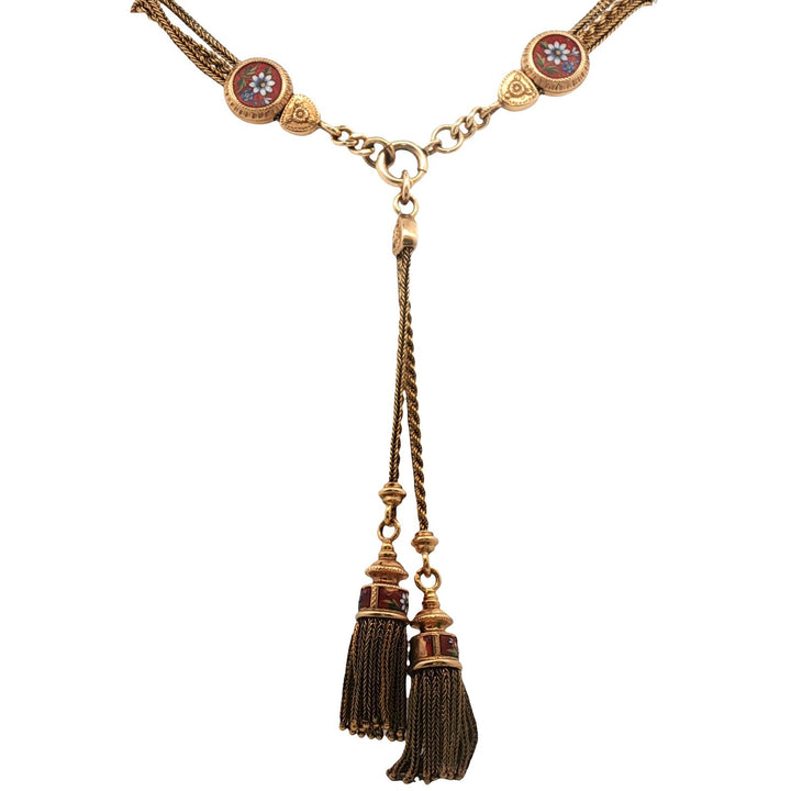 Victorian Enamel Floral Design Gold Choker Tassel Necklace Antique