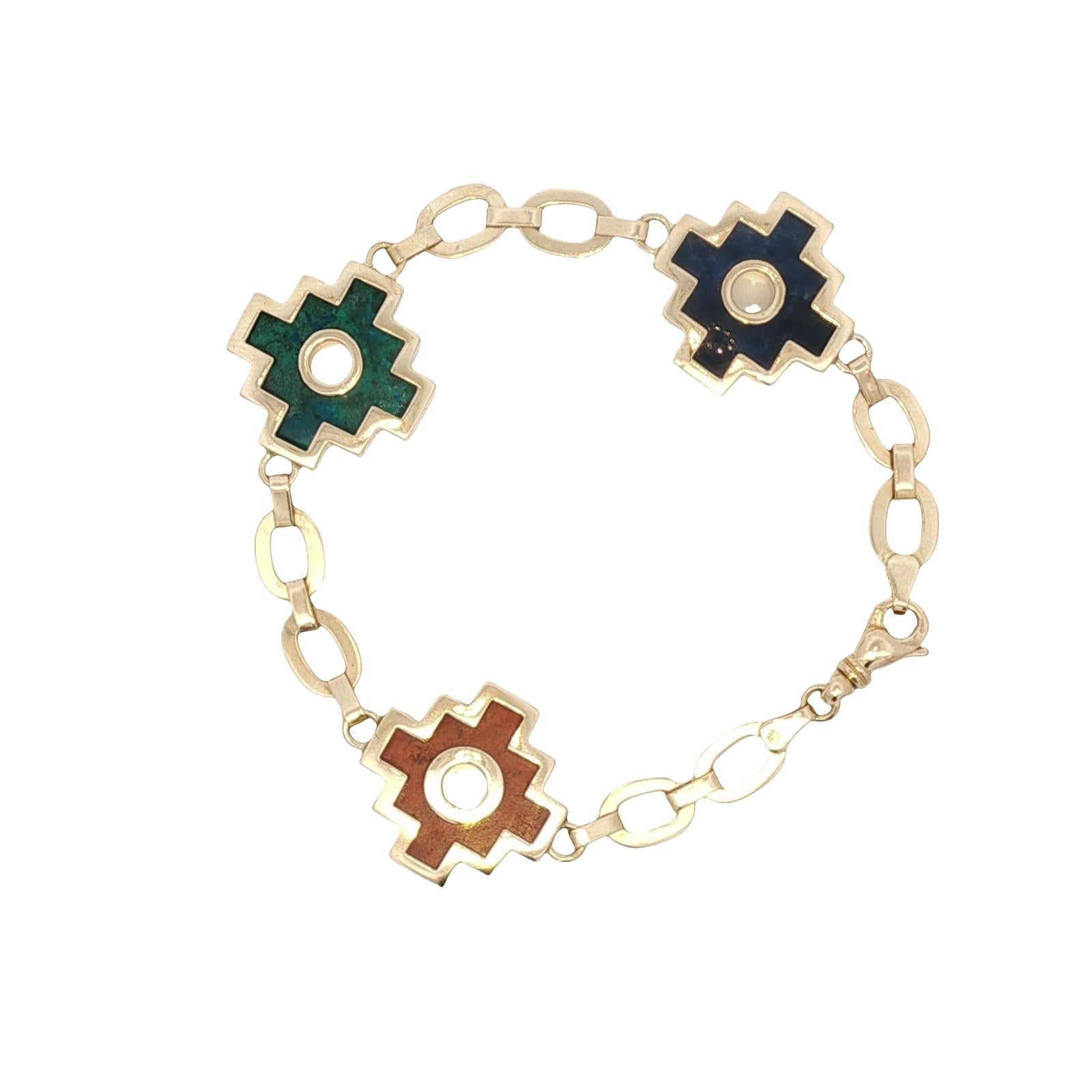 Malachite Sodalite 18 Karat Yellow Gold Chakana Link Bracelet