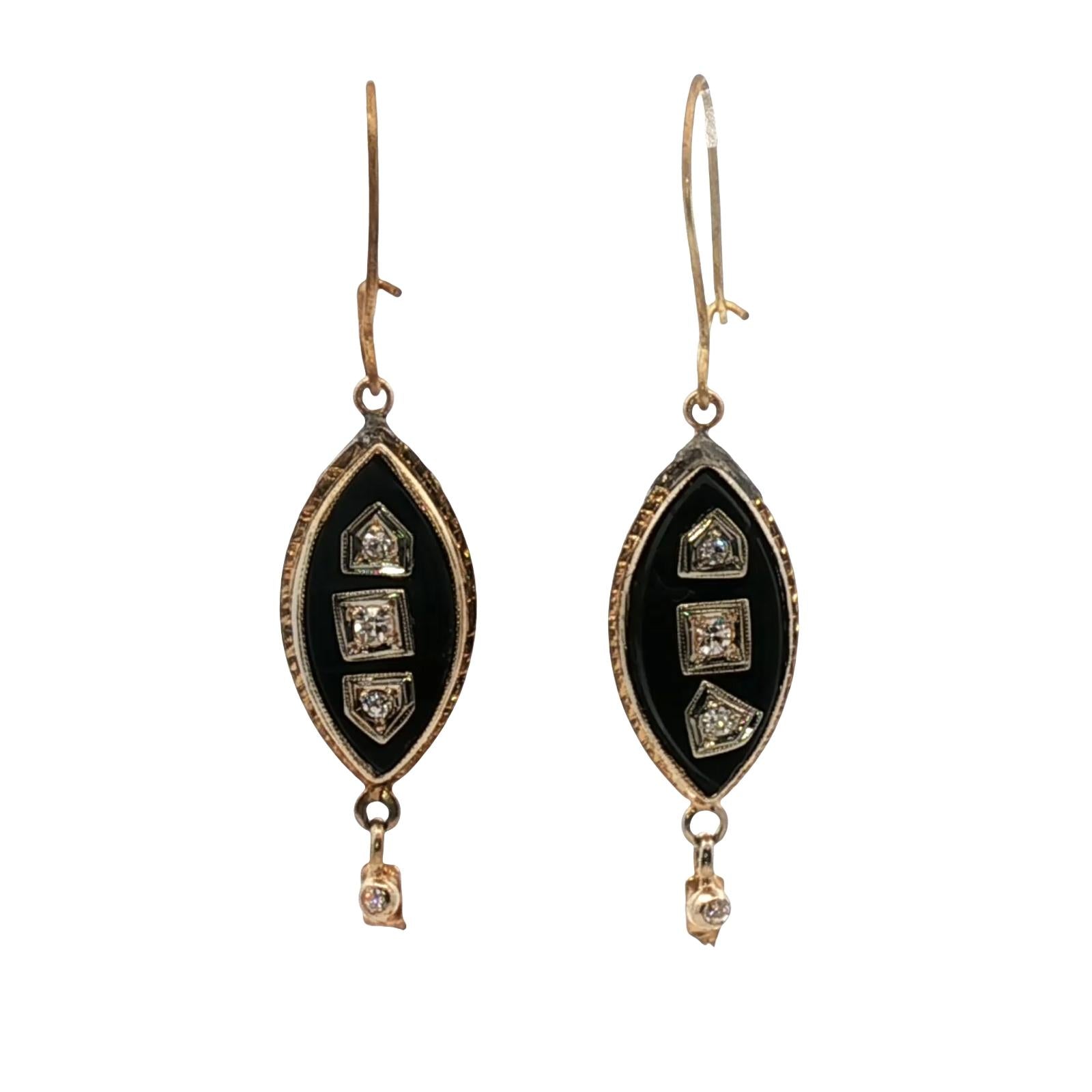 Victorian Onyx Diamond 18 Karat Yellow Gold Dangle Drop Antique Earrings