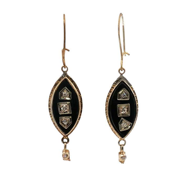 Victorian Onyx Diamond 18 Karat Yellow Gold Dangle Drop Antique Earrings