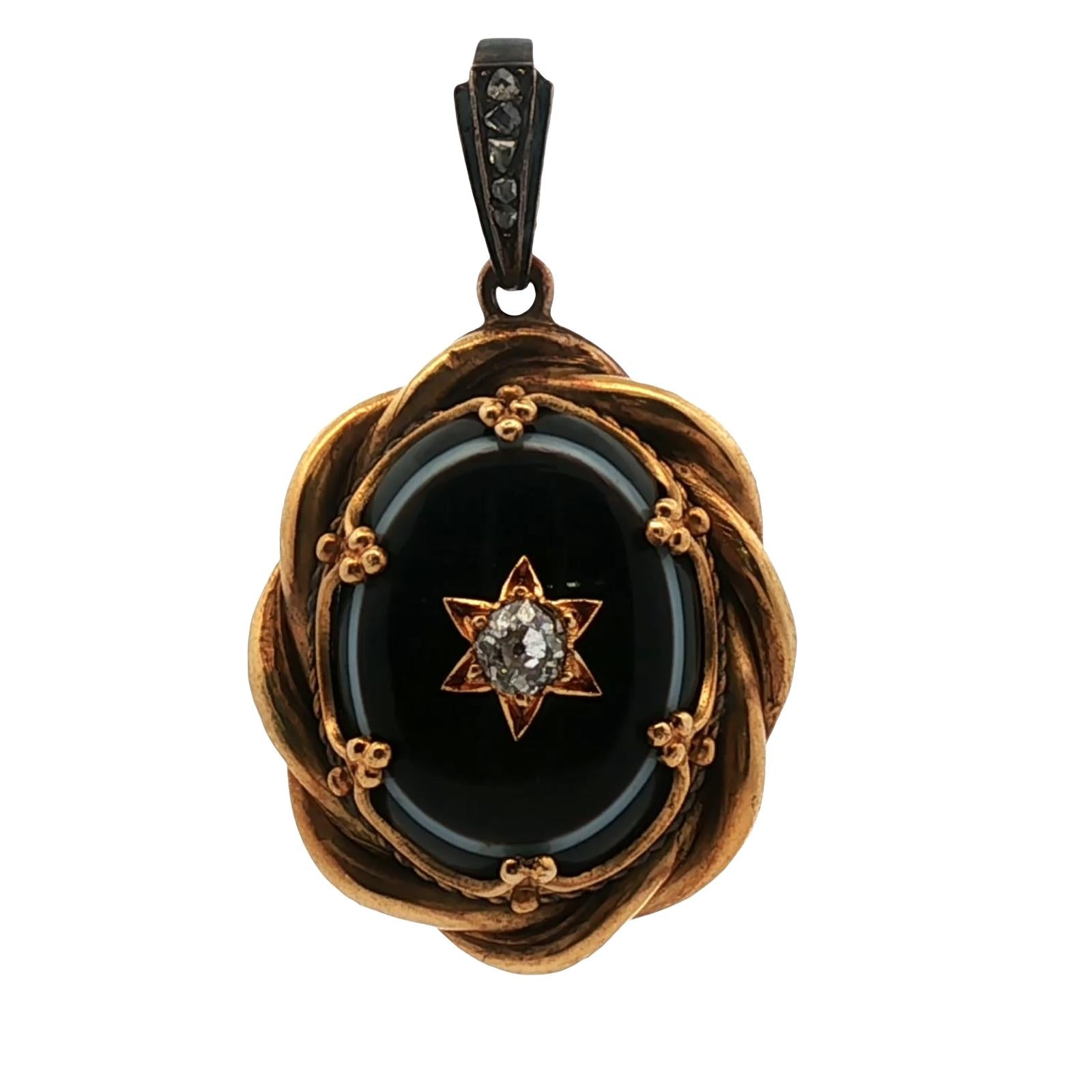 Victorian Diamond Onyx 18 Karat Yellow Gold Antique Locket Pendant