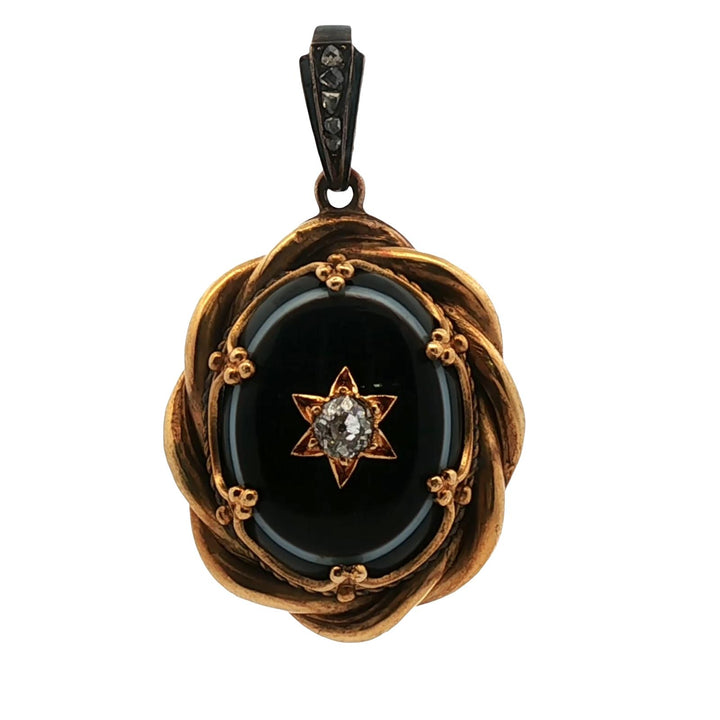 Victorian Diamond Onyx 18 Karat Yellow Gold Antique Locket Pendant