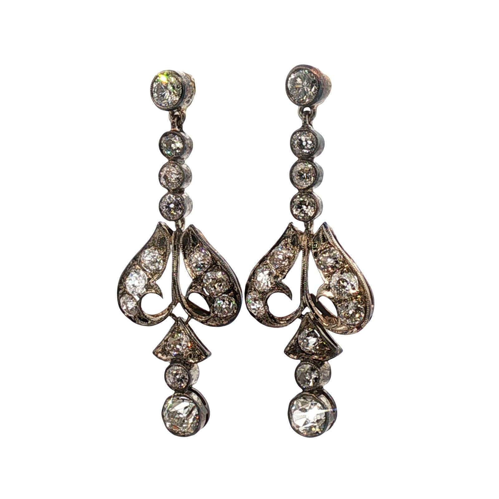Edwardian Diamond 14 Karat White Gold Dangle Drop Antique Earrings