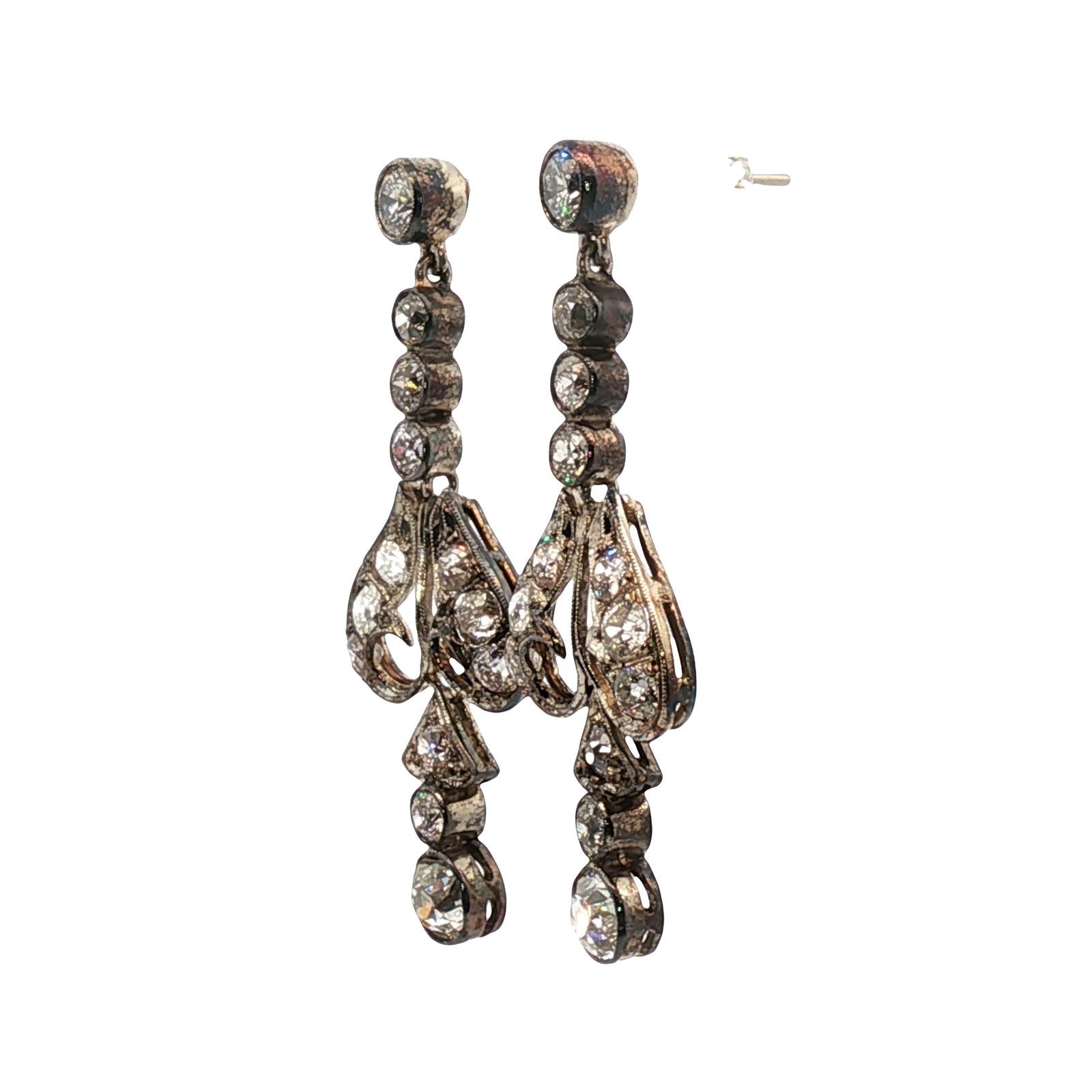 Edwardian Diamond 14 Karat White Gold Dangle Drop Antique Earrings