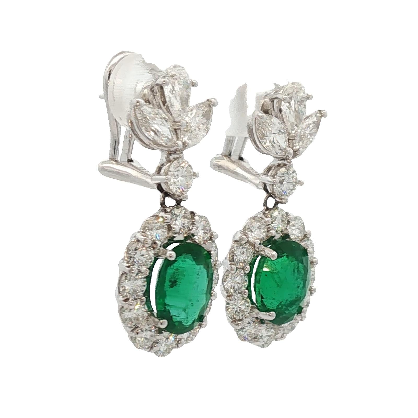 Emerald Diamond 18 Karat White Gold Drop Leverback Earrings New