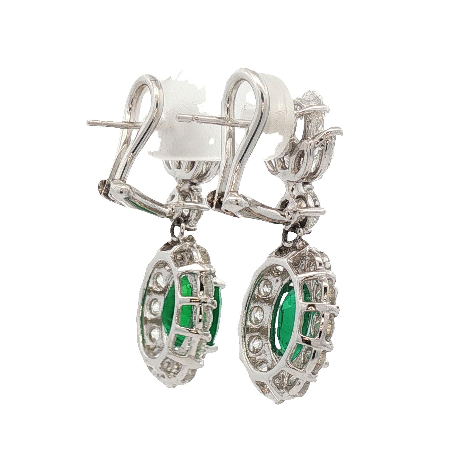 Emerald Diamond 18 Karat White Gold Drop Leverback Earrings New