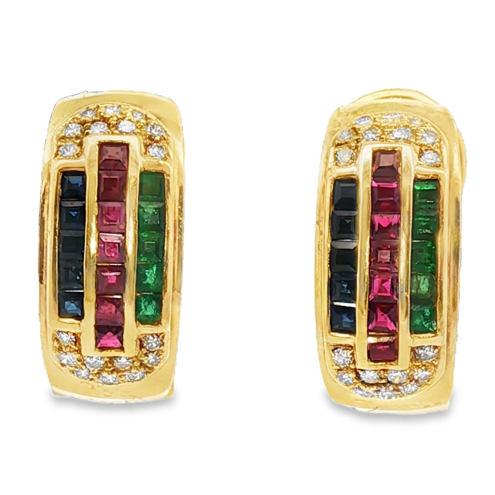 Emerald Ruby Sapphire Diamond 18KYG Half Hoop Leverback Vintage Earrings
