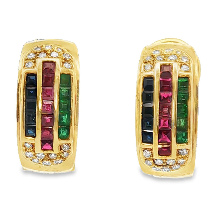 Emerald Ruby Sapphire Diamond 18KYG Half Hoop Leverback Vintage Earrings