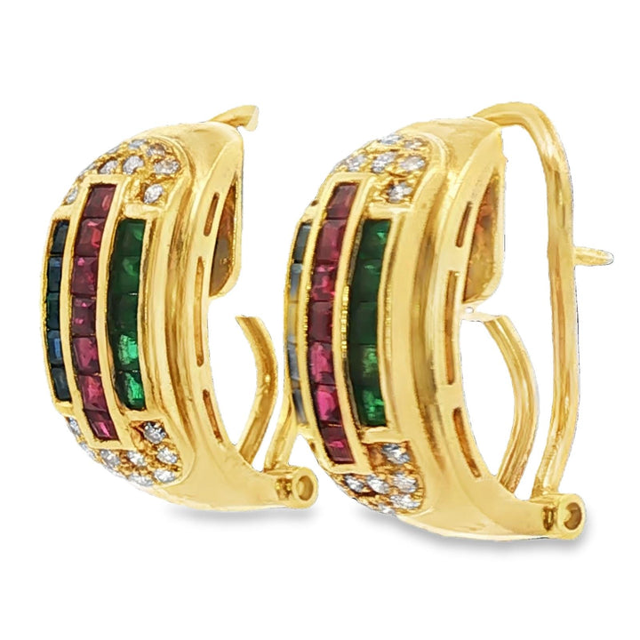 Emerald Ruby Sapphire Diamond 18KYG Half Hoop Leverback Vintage Earrings
