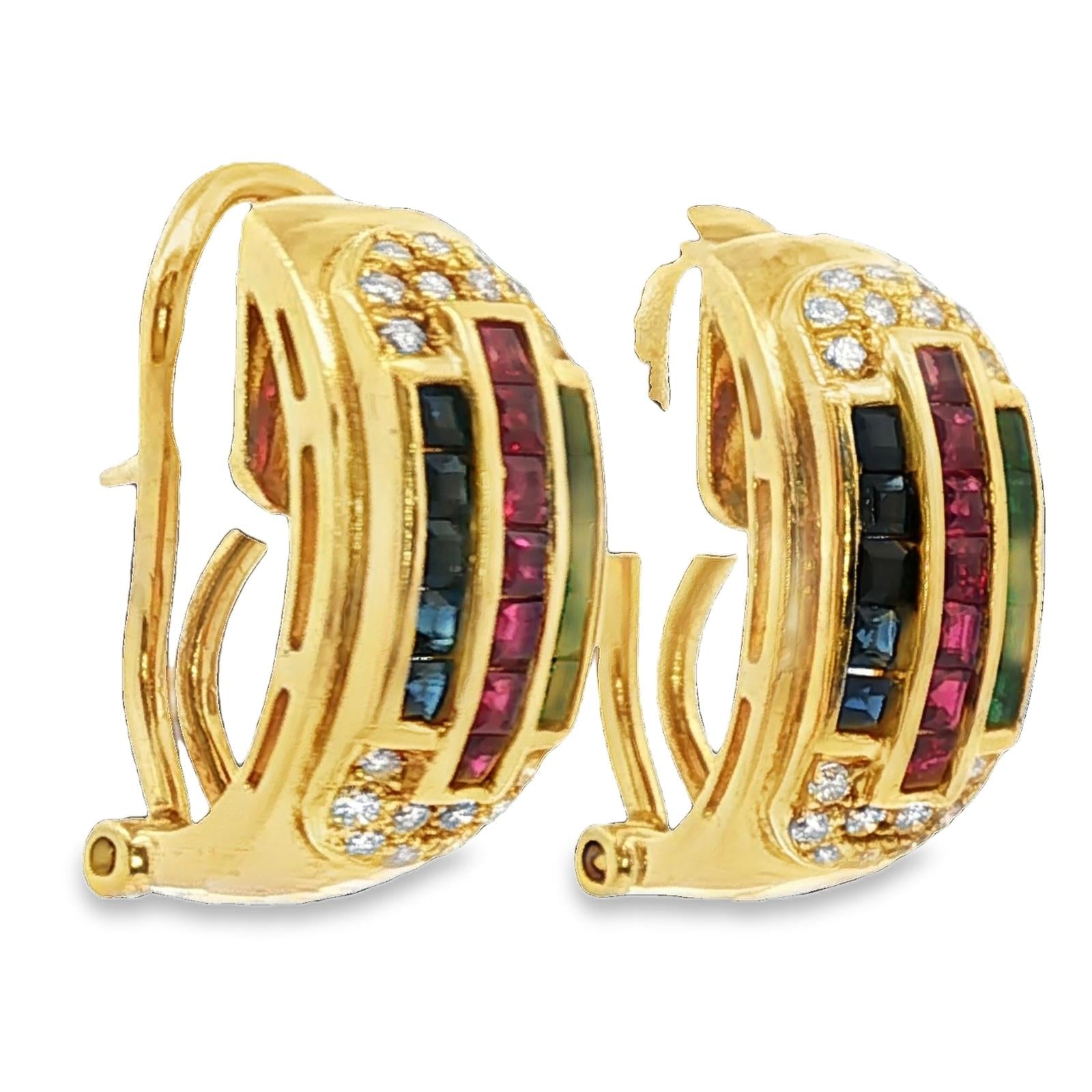Emerald Ruby Sapphire Diamond 18KYG Half Hoop Leverback Vintage Earrings