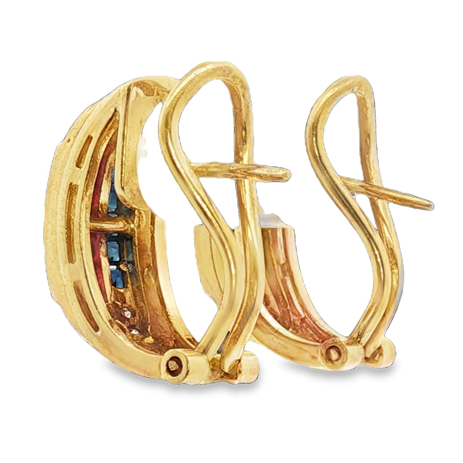 Emerald Ruby Sapphire Diamond 18KYG Half Hoop Leverback Vintage Earrings