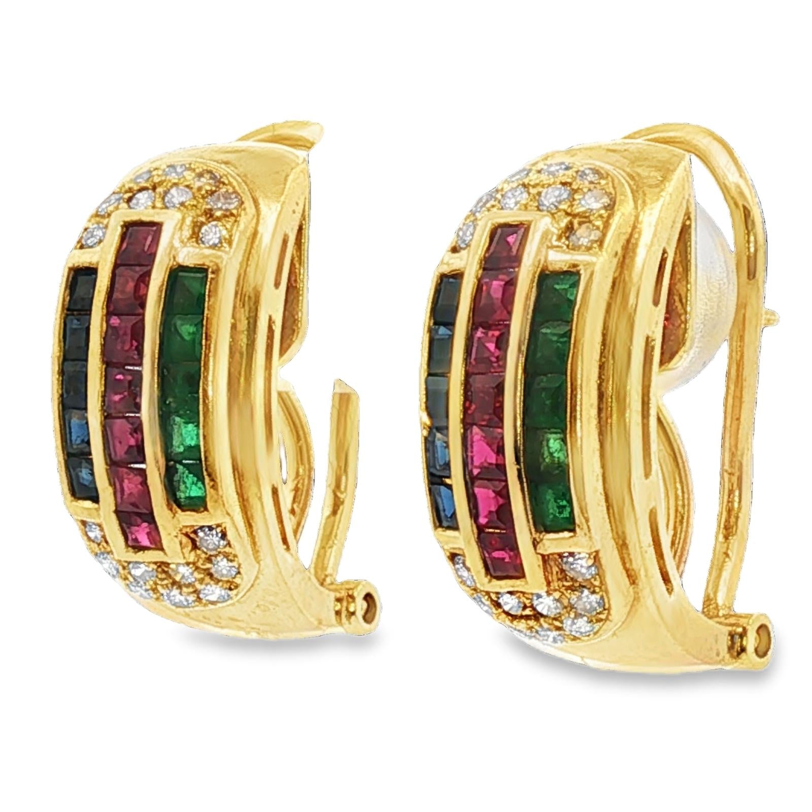 Emerald Ruby Sapphire Diamond 18KYG Half Hoop Leverback Vintage Earrings