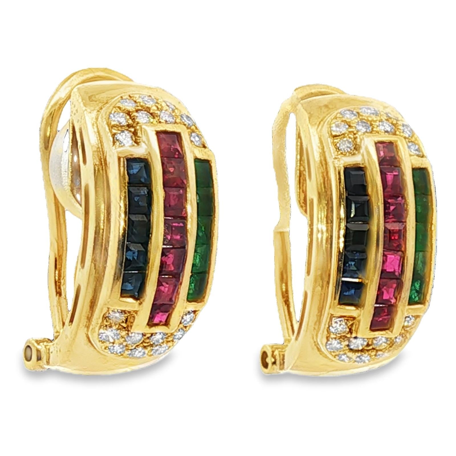 Emerald Ruby Sapphire Diamond 18KYG Half Hoop Leverback Vintage Earrings