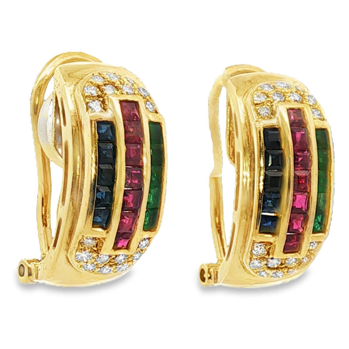 Emerald Ruby Sapphire Diamond 18KYG Half Hoop Leverback Vintage Earrings
