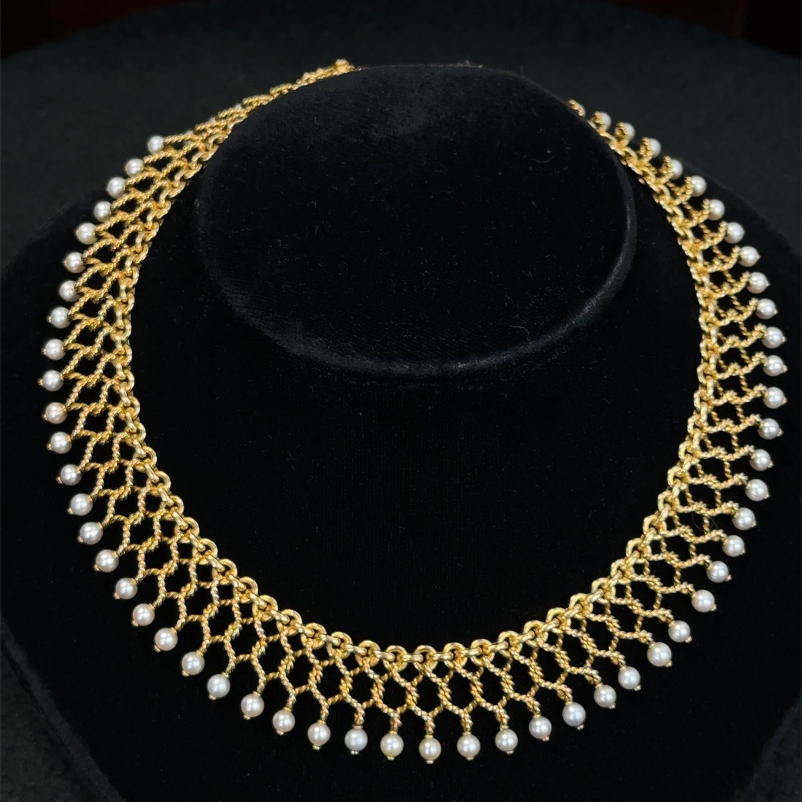 Mid-20th Century Spritzer & Fuhrmann 18KYG and Pearl Choker Link Necklace