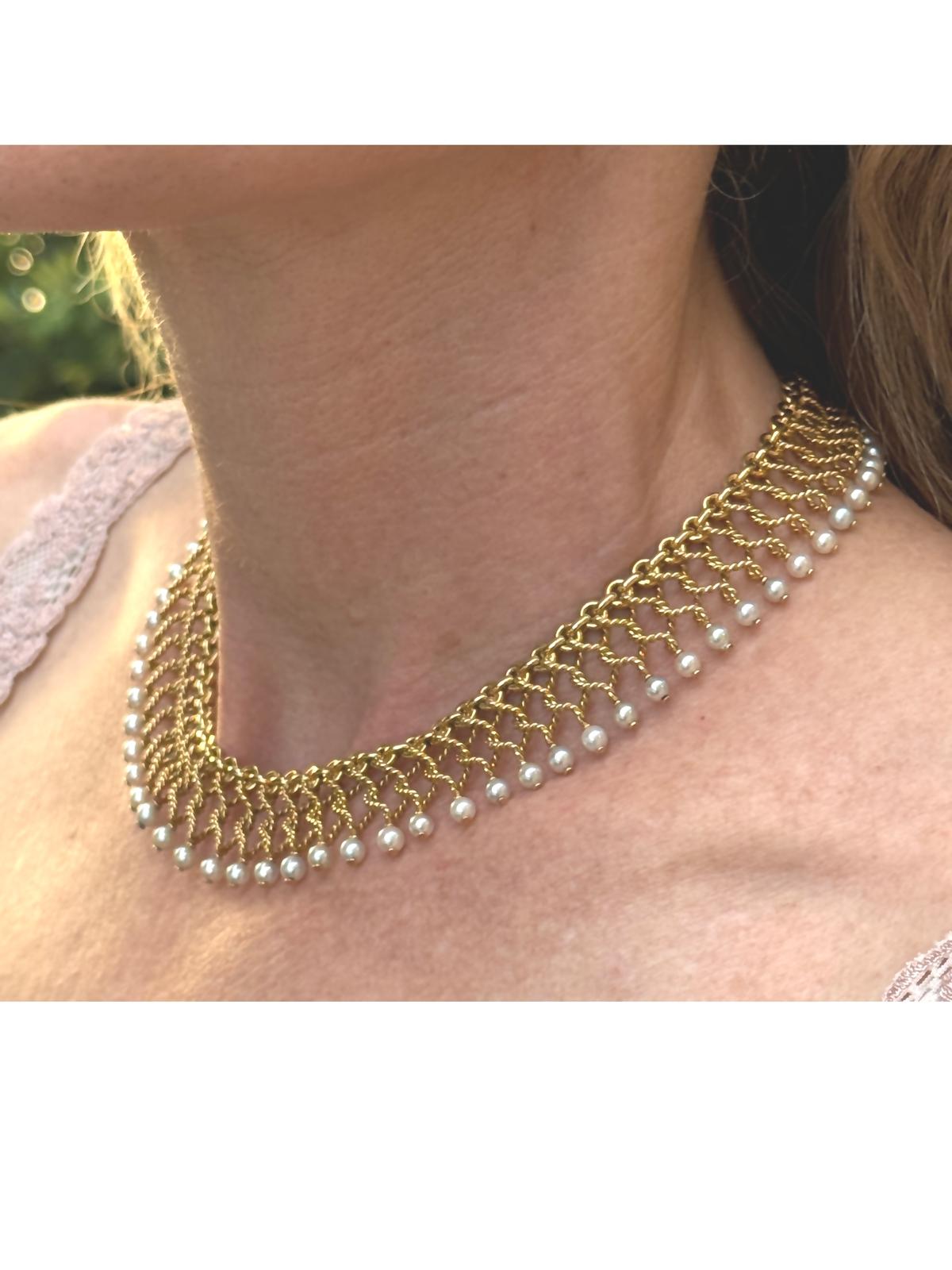 Mid-20th Century Spritzer & Fuhrmann 18KYG and Pearl Choker Link Necklace