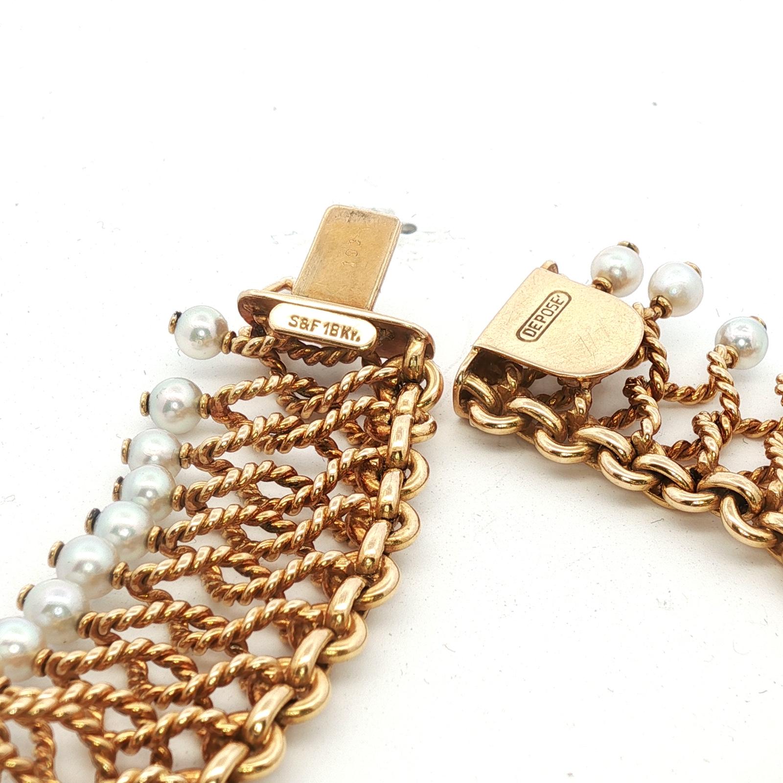 Mid-20th Century Spritzer & Fuhrmann 18KYG and Pearl Choker Link Necklace