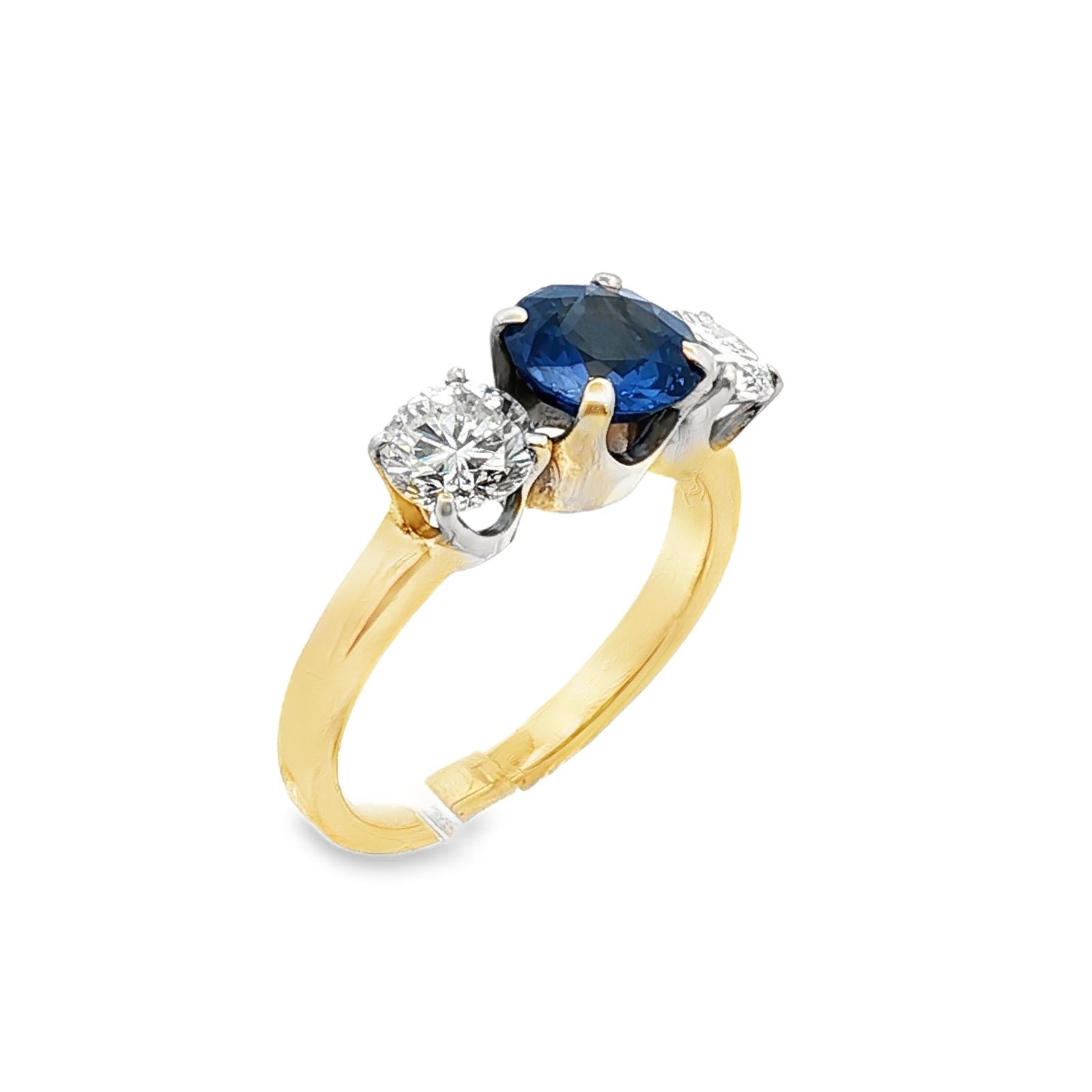 Sapphire Diamond Three Stone Band Ring 14 Karat Yellow Gold