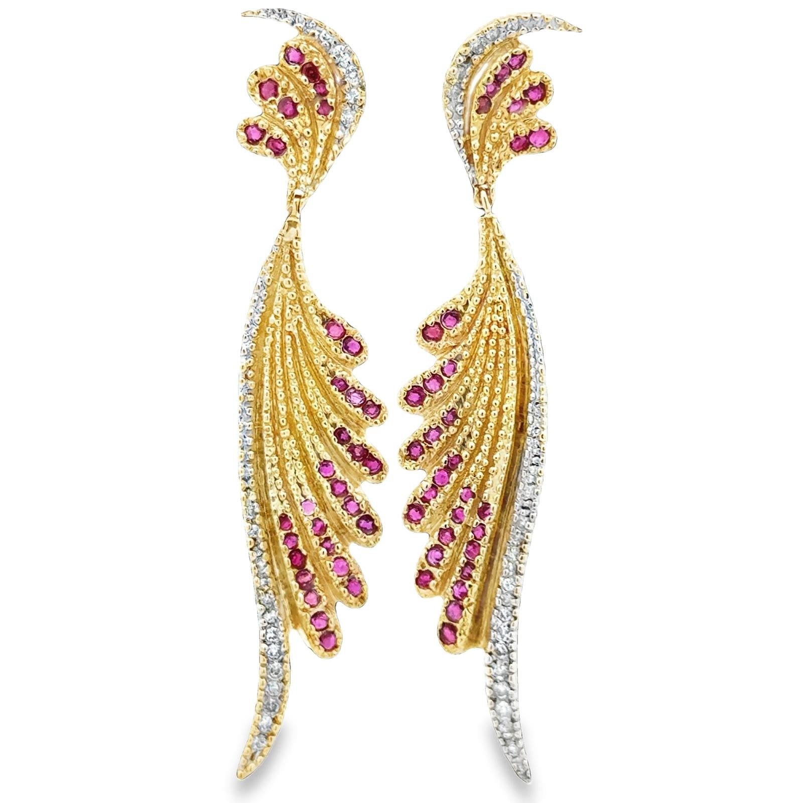 Diamond Ruby 14 Karat Yellow Gold Dangle Drop Contemporary Earrings Signed Erté