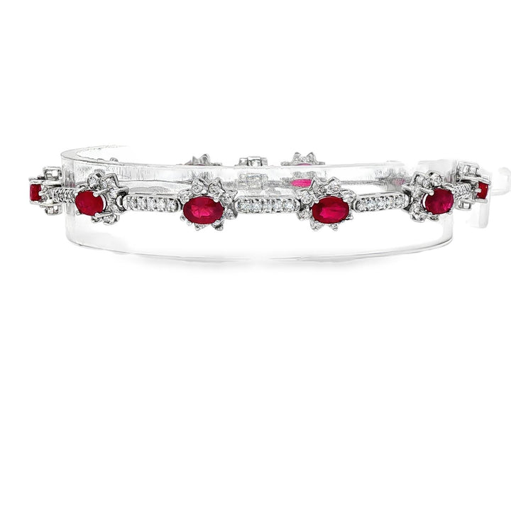 Oval Ruby Round Brilliant Cut Diamond 14 Karat White Gold Link Bracelet