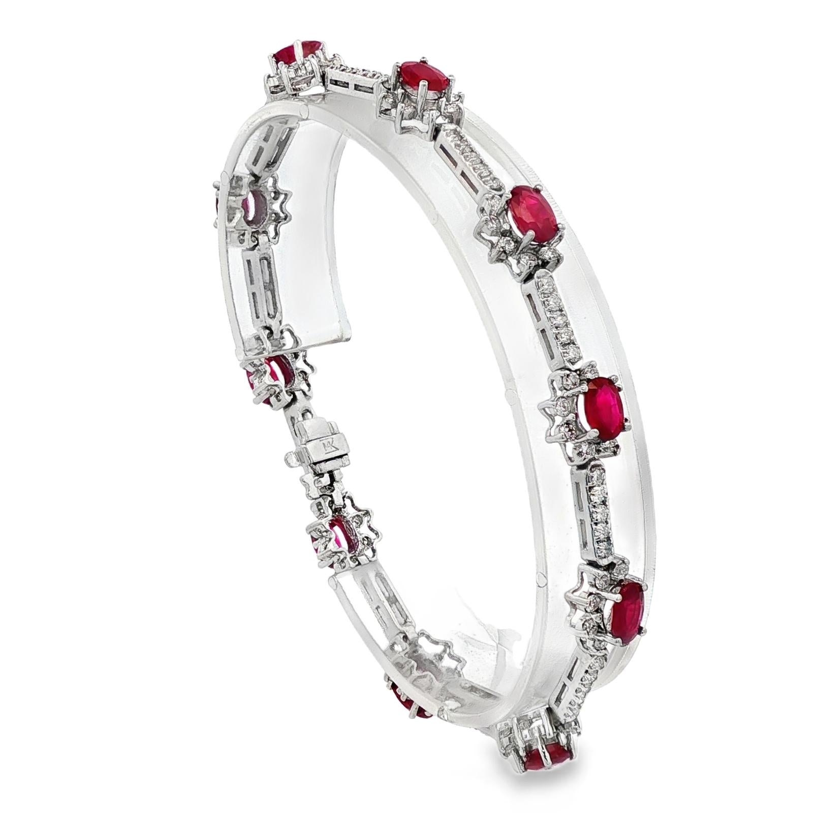 Oval Ruby Round Brilliant Cut Diamond 14 Karat White Gold Link Bracelet