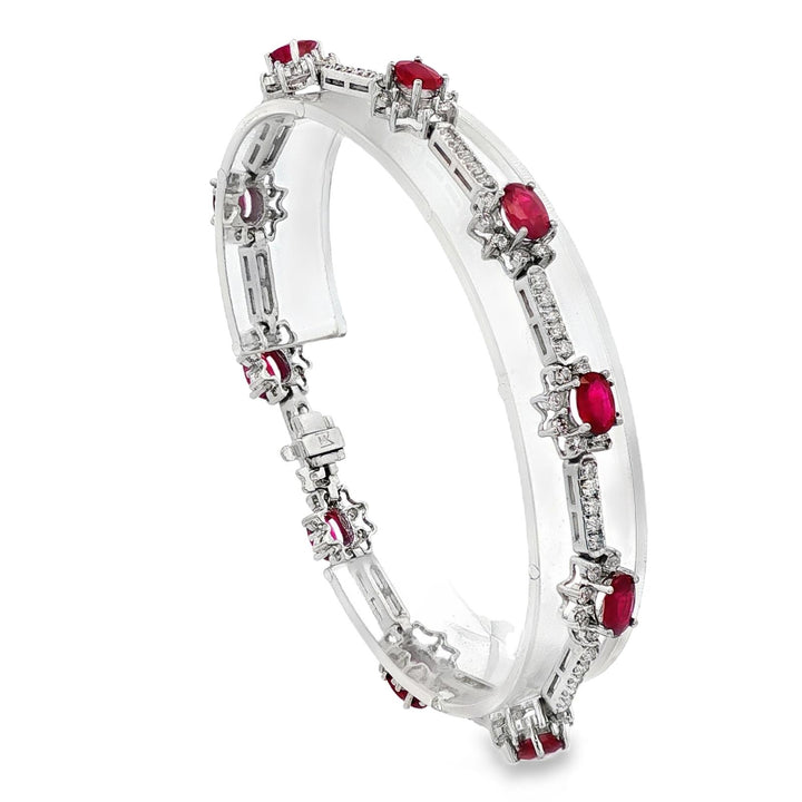 Oval Ruby Round Brilliant Cut Diamond 14 Karat White Gold Link Bracelet