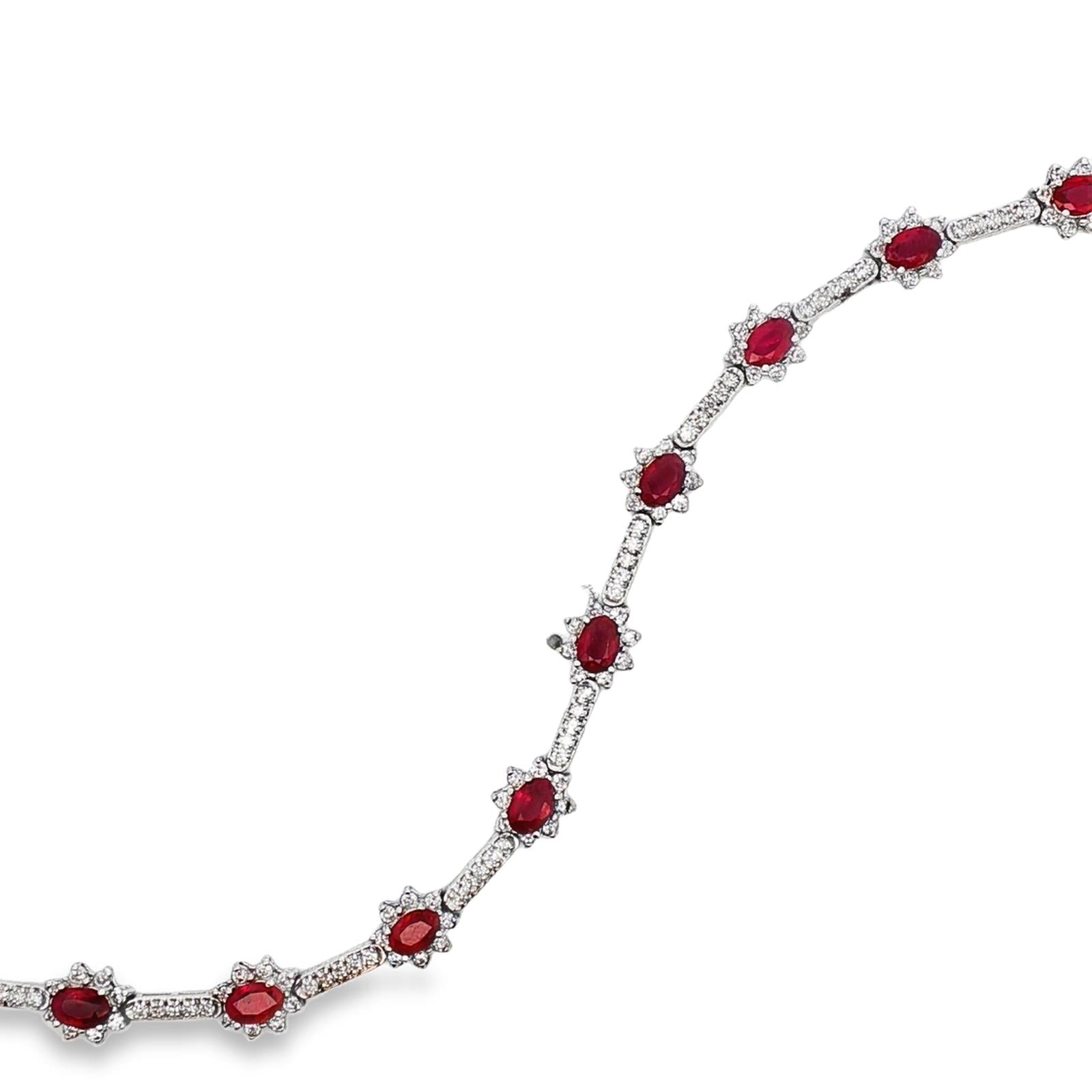 Oval Ruby Round Brilliant Cut Diamond 14 Karat White Gold Link Bracelet