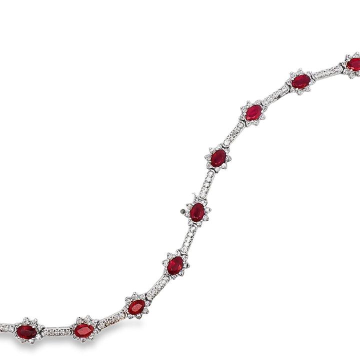 Oval Ruby Round Brilliant Cut Diamond 14 Karat White Gold Link Bracelet