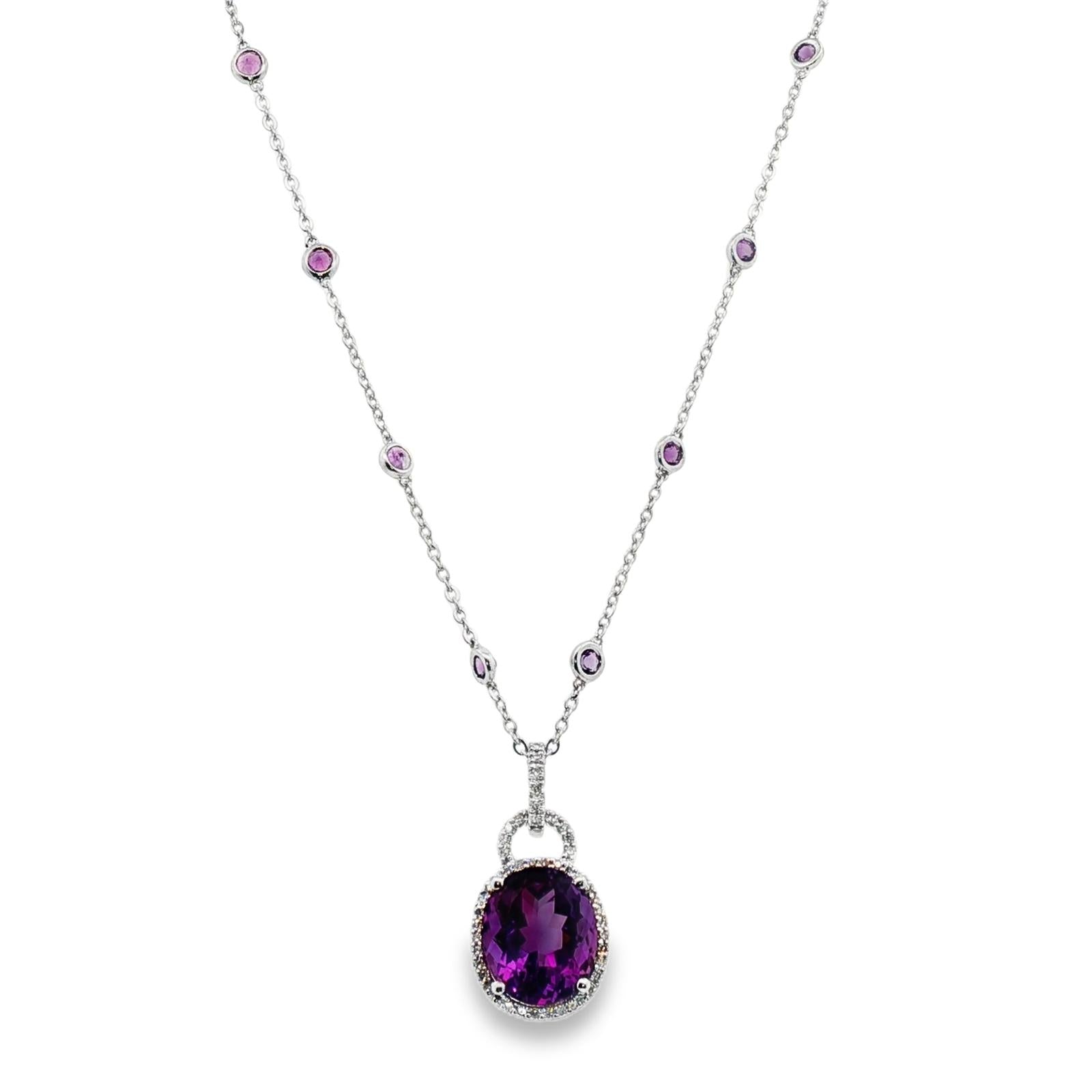 Amethyst Diamond Pendant with Bezel Set Amethyst Station 14KWG Necklace