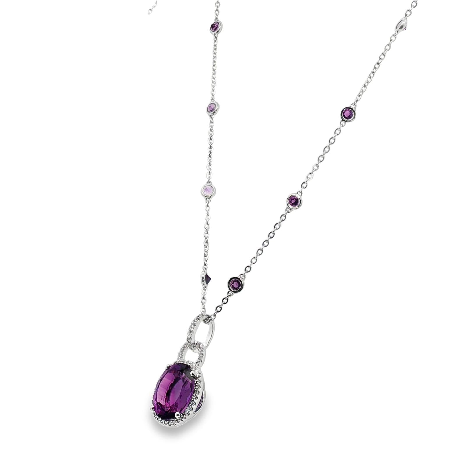 Amethyst Diamond Pendant with Bezel Set Amethyst Station 14KWG Necklace