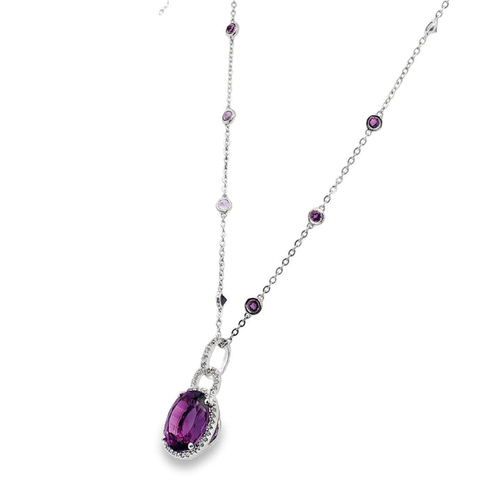 Amethyst Diamond Pendant with Bezel Set Amethyst Station 14KWG Necklace