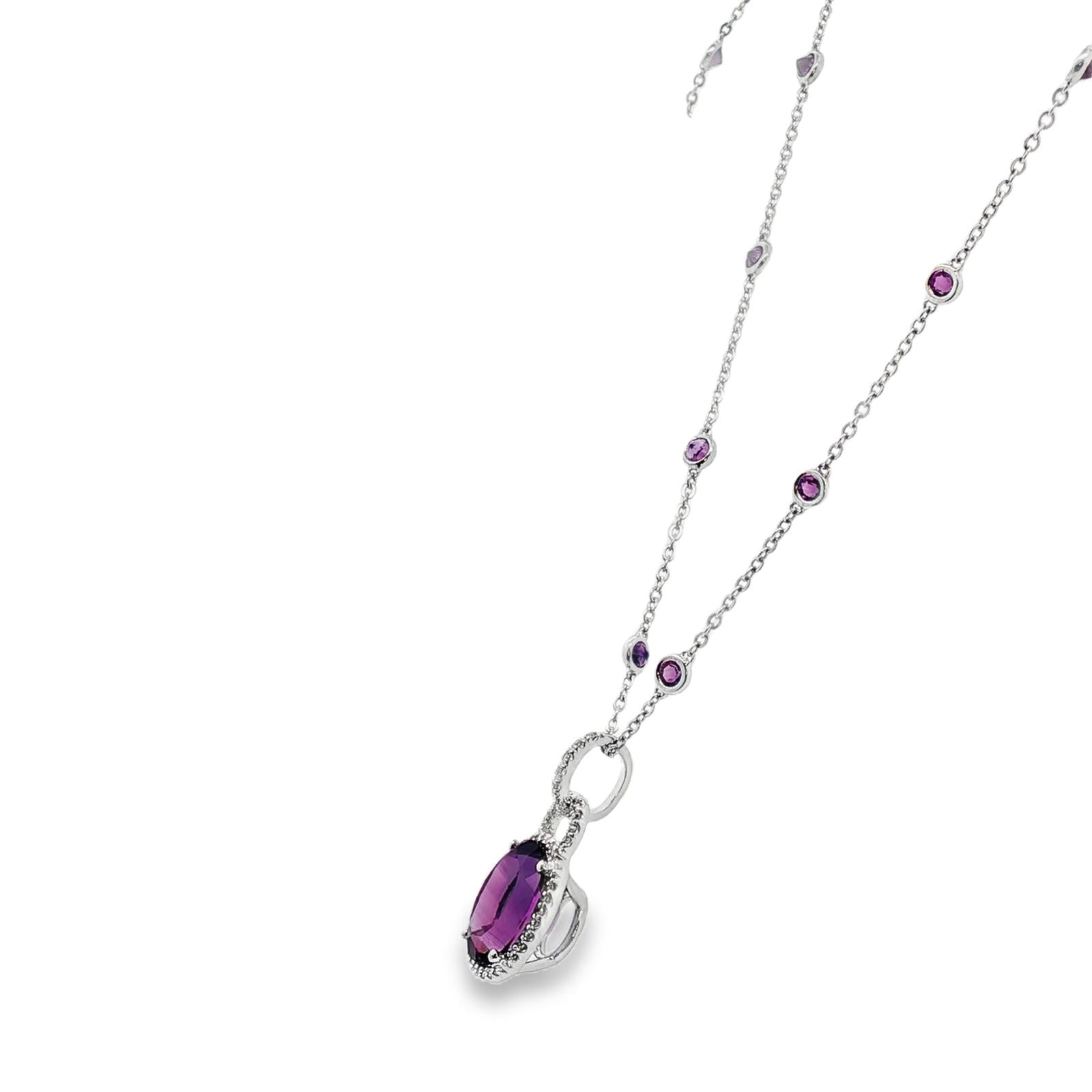 Amethyst Diamond Pendant with Bezel Set Amethyst Station 14KWG Necklace