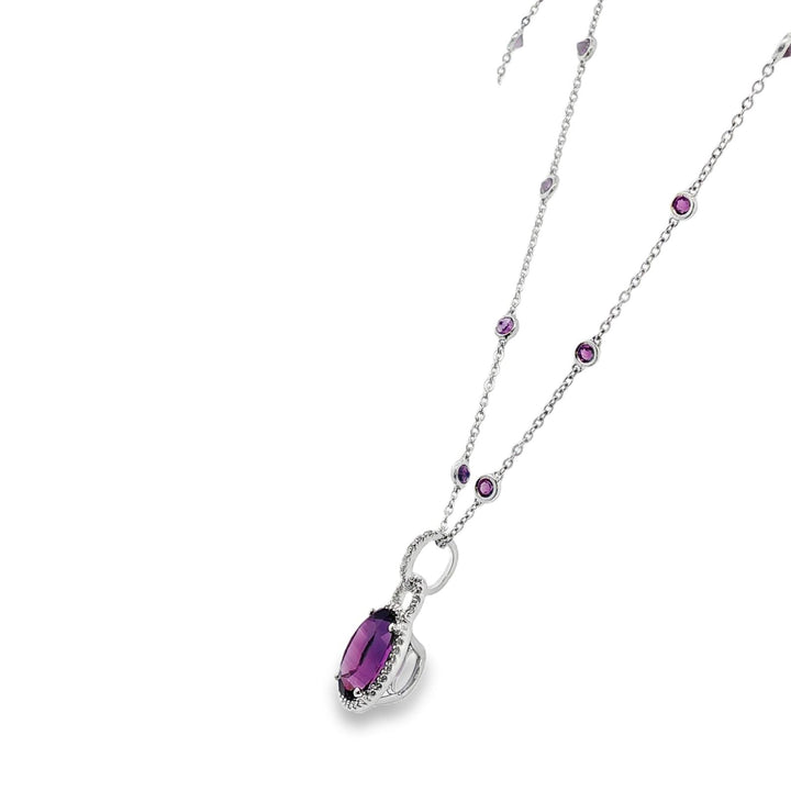 Amethyst Diamond Pendant with Bezel Set Amethyst Station 14KWG Necklace