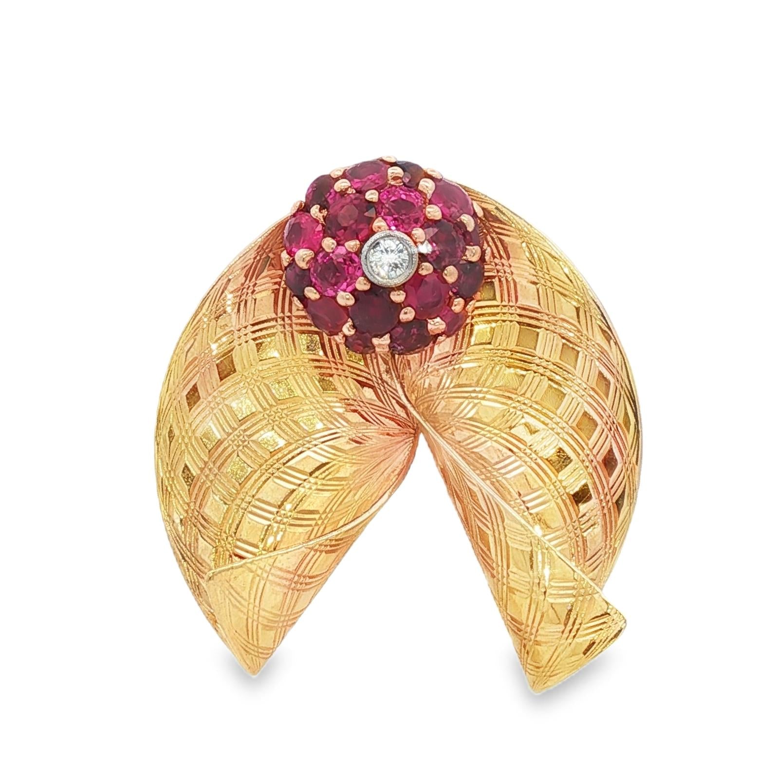 1950's Retro Ruby Diamond 14 Karat Yellow Gold Fan Style Brooch Pin
