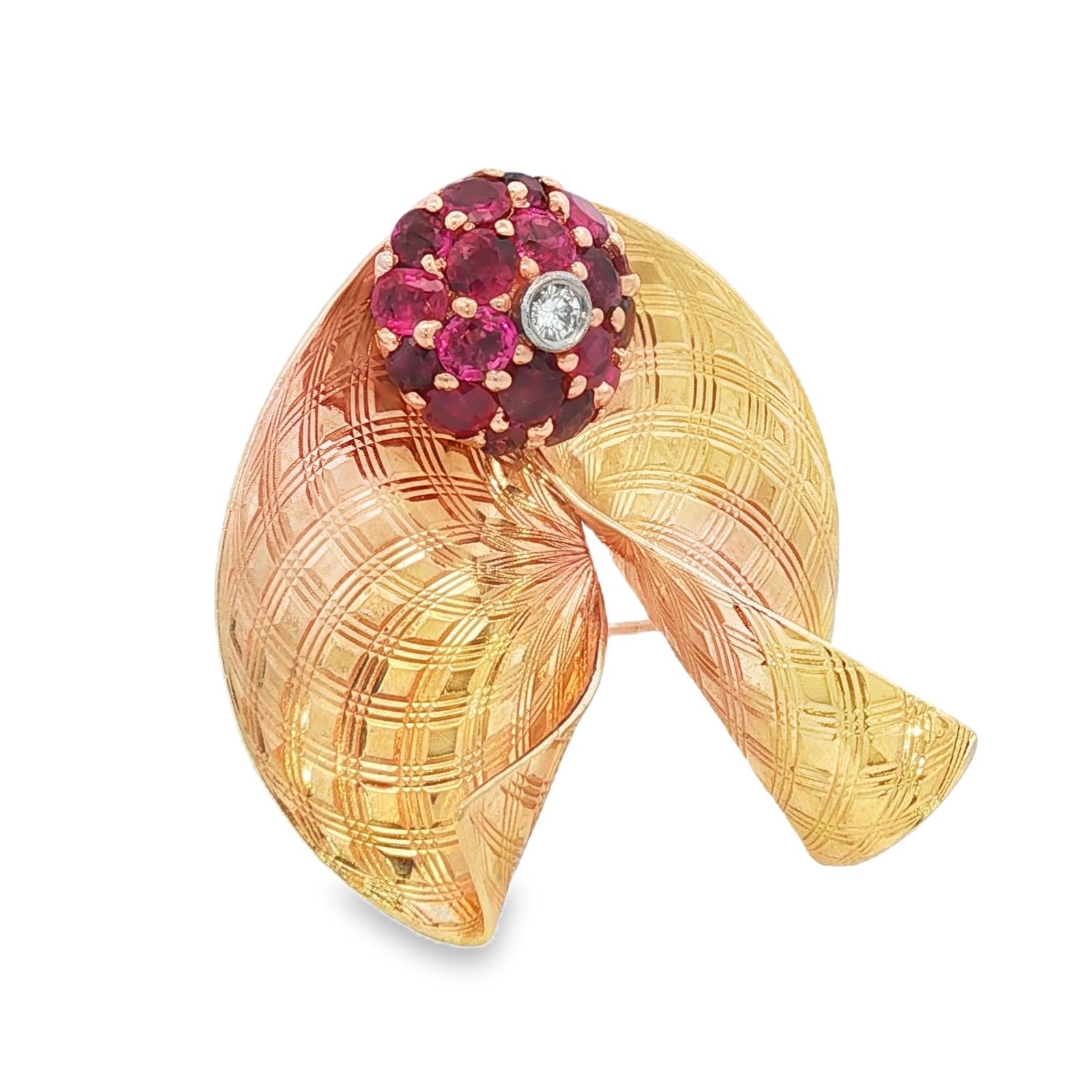 1950's Retro Ruby Diamond 14 Karat Yellow Gold Fan Style Brooch Pin