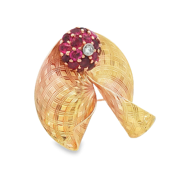 1950's Retro Ruby Diamond 14 Karat Yellow Gold Fan Style Brooch Pin