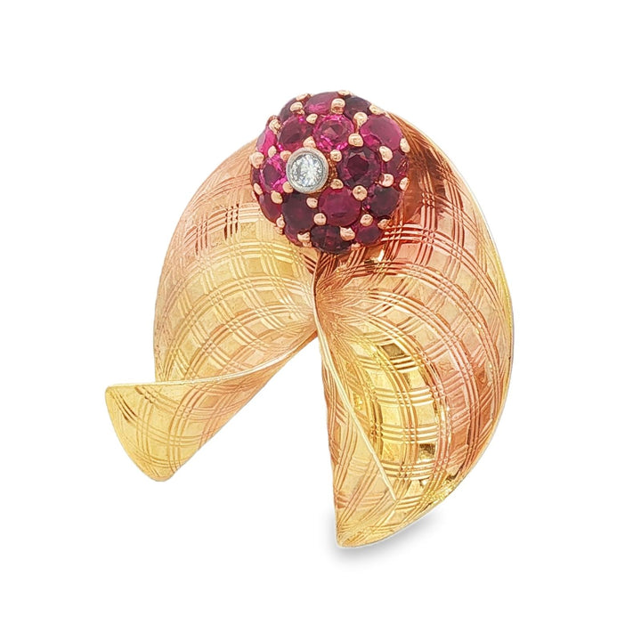 1950's Retro Ruby Diamond 14 Karat Yellow Gold Fan Style Brooch Pin