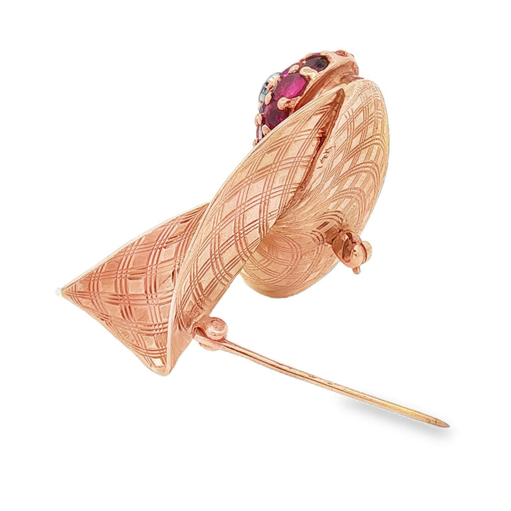 1950's Retro Ruby Diamond 14 Karat Yellow Gold Fan Style Brooch Pin