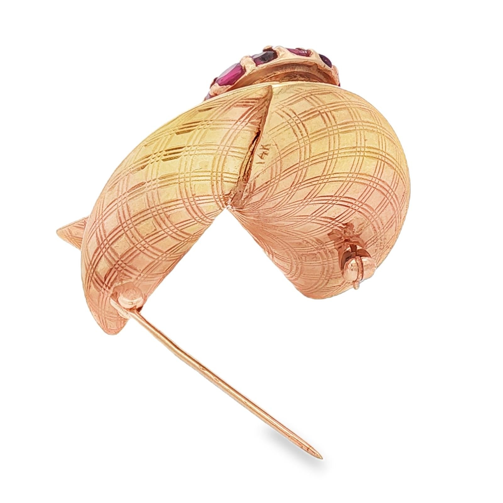 1950's Retro Ruby Diamond 14 Karat Yellow Gold Fan Style Brooch Pin