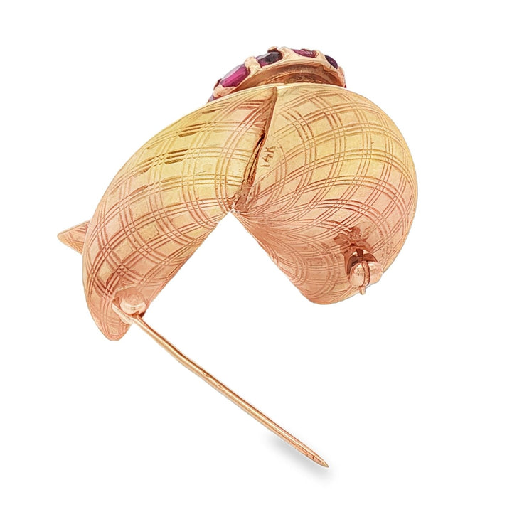 1950's Retro Ruby Diamond 14 Karat Yellow Gold Fan Style Brooch Pin