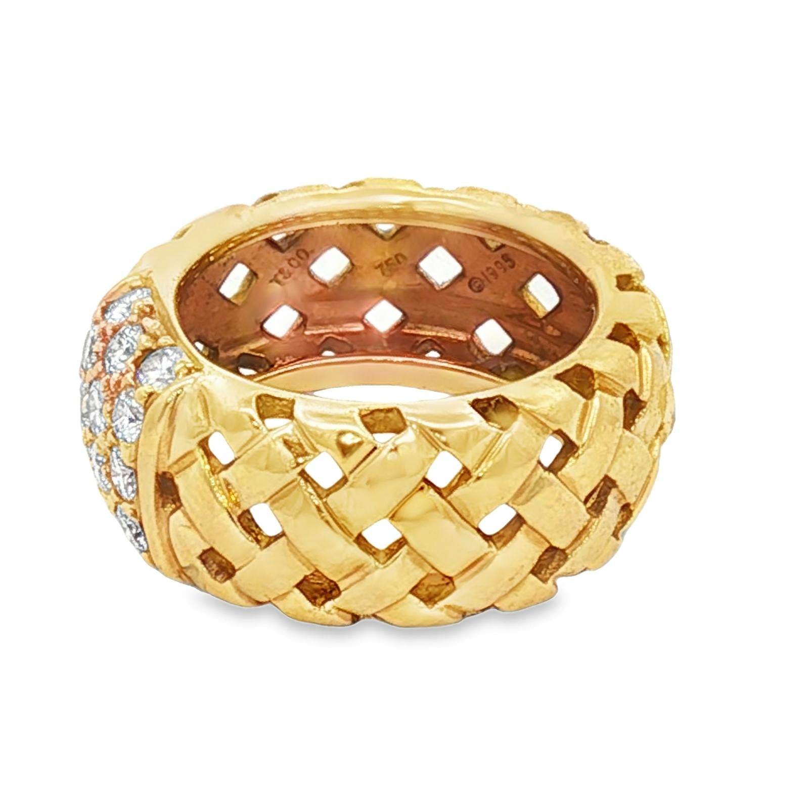 Tiffany & Co 18KYG Vannerie Basket Weave Diamond Band Ring Circa 1995