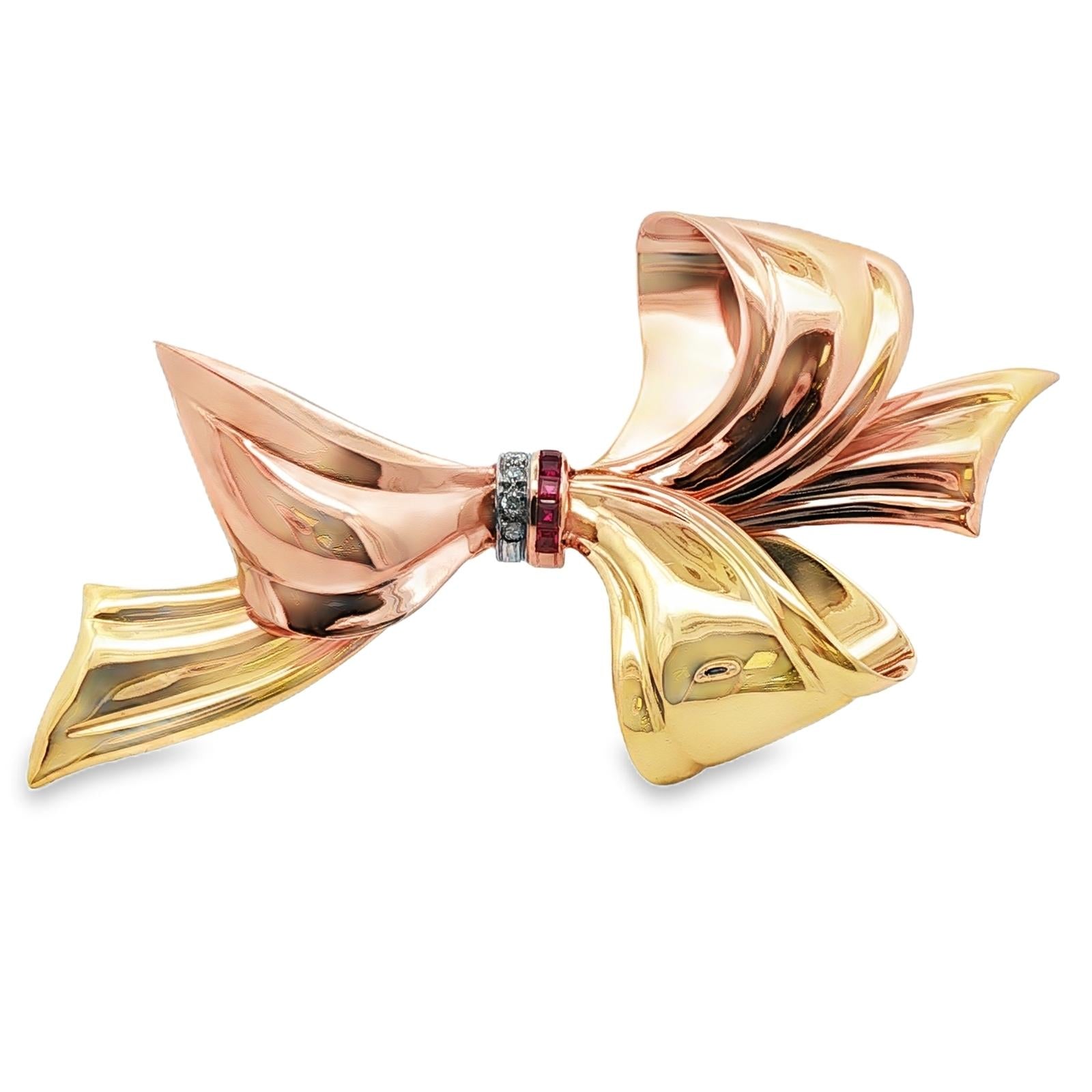 1950's Cartier Diamond Ruby 14 Karat Rose & Yellow Gold Retro Brooch Pin
